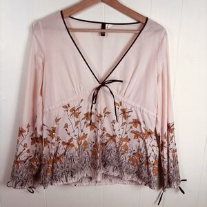 DIVIDED H&M‎ Blouse Pink Babydoll Floral Long Sleeve Blouse Size 38/Med Cotton